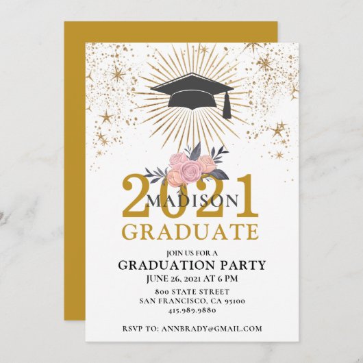 卒業パーティー金ゴールドピンククラス2021 招待状 (正面/裏面)