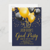 卒業パーティー金ゴールドブラックバルーン付きブラック 案内ポストカード (正面/裏面)