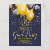 卒業パーティー金ゴールドブラックバルーン付きブラック 案内ポストカード (正面)