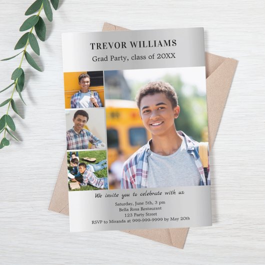 卒業パーティー銀色の写真コラージュ 招待状