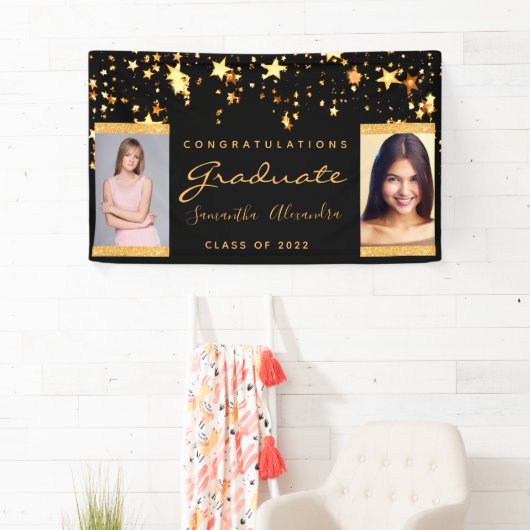 卒業パーティー黒い金ゴールドが二つの写真を主演 横断幕 (インサイチュ)