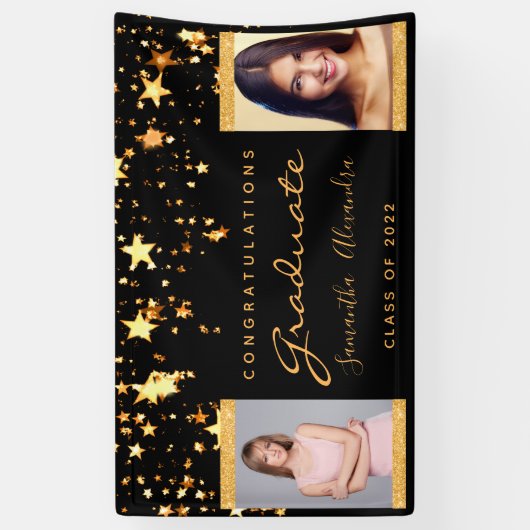 卒業パーティー黒い金ゴールドが二つの写真を主演 横断幕 (縦)