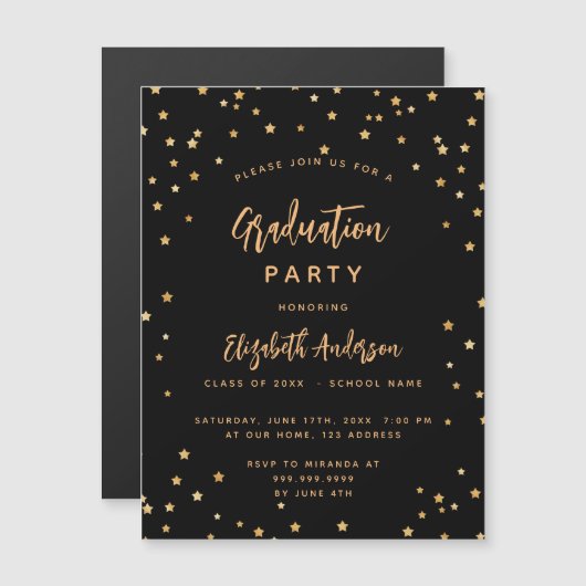卒業パーティー黒い金ゴールドスタースラグジュアリー マグネット招待状 (正面/裏面)