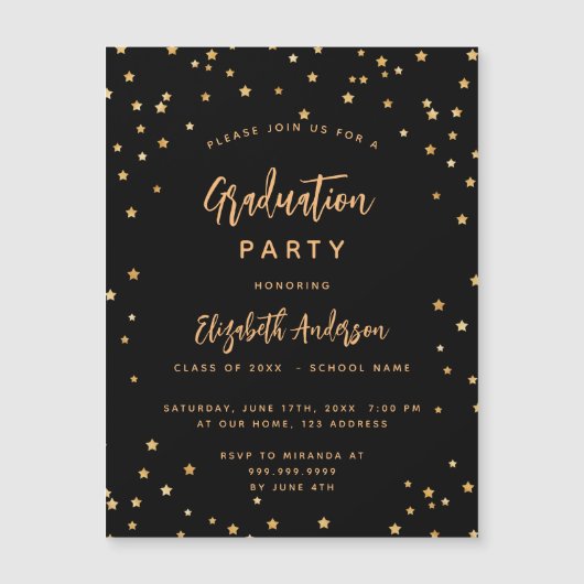 卒業パーティー黒い金ゴールドスタースラグジュアリー マグネット招待状 (正面)