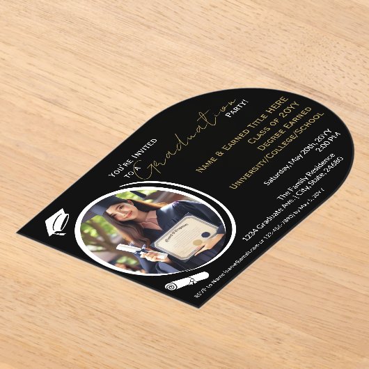 卒業パーティー黒白と金ゴールド、卒業写真 アクリル招待状 (レイダウン)
