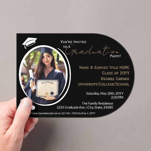 卒業パーティー黒白と金ゴールド、卒業写真 アクリル招待状 (インサイチュ (ポータブル))