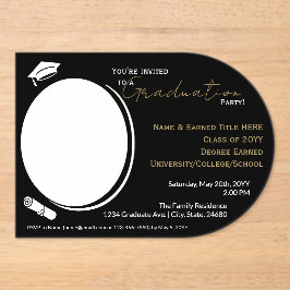 卒業パーティー黒白と金ゴールド、卒業写真 アクリル招待状