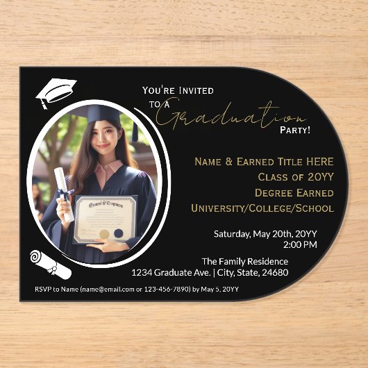 卒業パーティー黒白と金ゴールド、卒業写真 アクリル招待状 (正面)