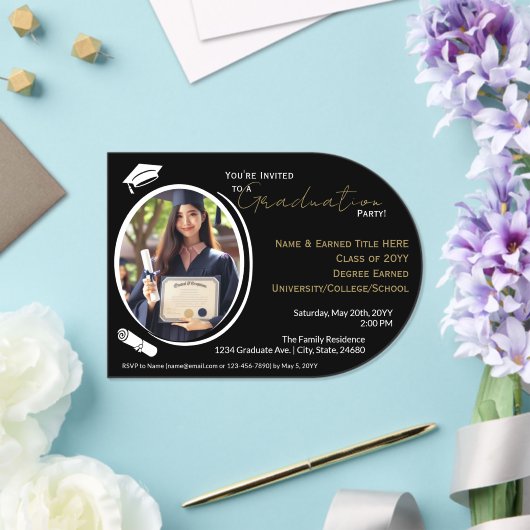 卒業パーティー黒白と金ゴールド、卒業写真 アクリル招待状 (インサイチュ (ウェディング))