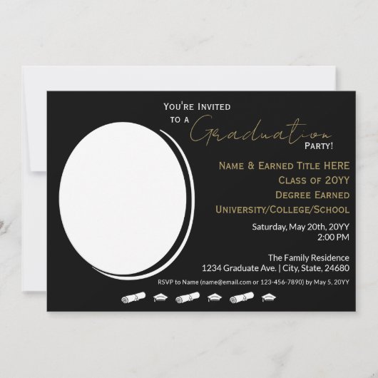 卒業パーティー黒白、金ゴールド&グラード写真 案内状 (正面)