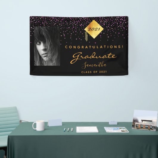 卒業パーティー黒紫の金ゴールド写真 横断幕 (トレードショー)