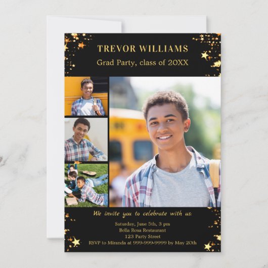 卒業パーティー黒金ゴールド星写真コラージュ 招待状 (正面)