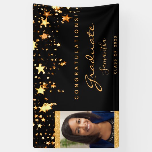 卒業パーティー黒金ゴールド星写真2024 横断幕 (縦)