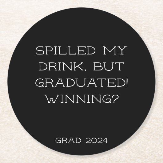 卒業パーティー2025グラッドスローガンブラックシンプル ラウンドペーパーコースター (正面)