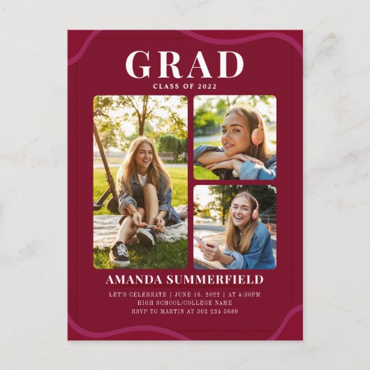 卒業パーティー2025卒業写真ブルゴーニュ インビテーションポストカード (正面)