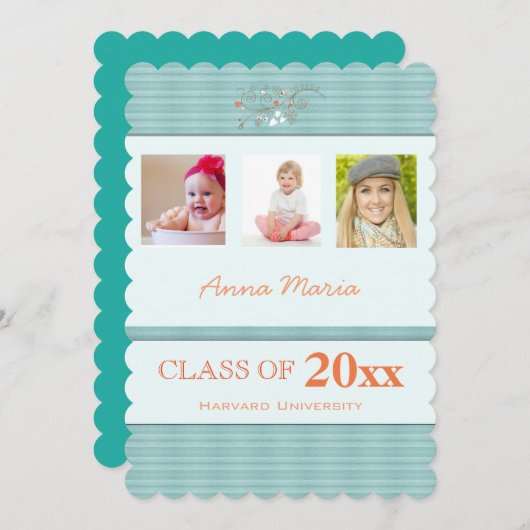 卒業パーティー3写真アクアストライプ招待状 招待状 (正面/裏面)