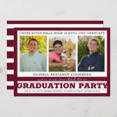 卒業パーティー3枚の写真マルーン&シルバー 招待状 (正面/裏面)