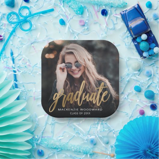 卒業パーティー カスタム フォト ゴールド スクリプト ペーパープレート (パーティー)