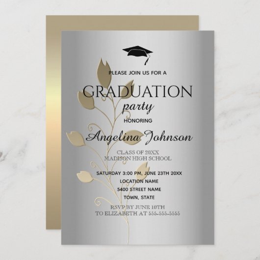 卒業パーティー ゴールドとシルバー エレガント 招待状 (正面/裏面)