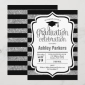 卒業パーティー - シルバー ブラック ストライプ 招待状 (正面/裏面)