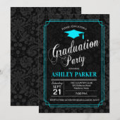 卒業パーティー – ターコイズ白黒ダマスク 招待状 (正面/裏面)
