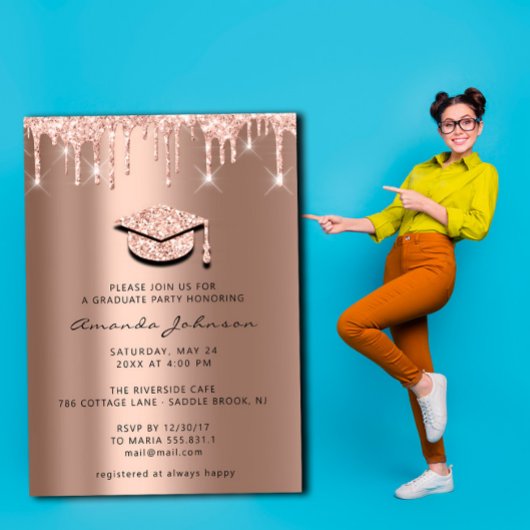 卒業パーティー ドリップス ローズゴールド キャップ 3D 招待状