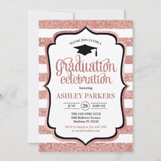 卒業パーティー – バラ金ゴールドホワイト 招待状 (正面)