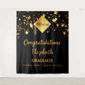 卒業パーティー ブラック ゴールド スター 卒業生 タペストリー (正面)