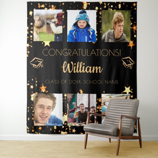 卒業パーティー ブラック ゴールド 卒業写真 コラージュ タペストリー (インサイチュ)