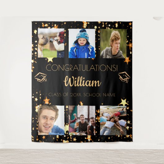 卒業パーティー ブラック ゴールド 卒業写真 コラージュ タペストリー (正面)