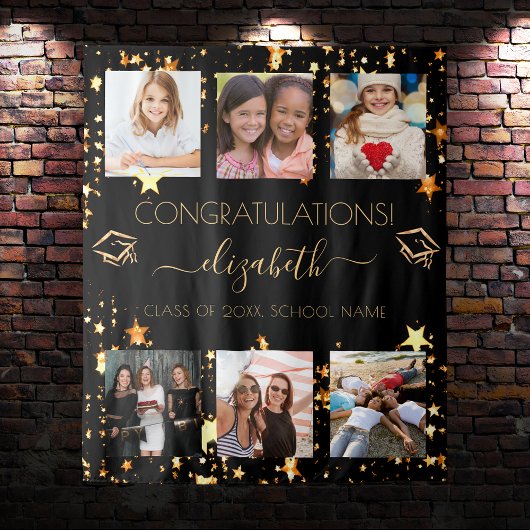 卒業パーティー ブラック ゴールド 卒業写真 コラージュ タペストリー