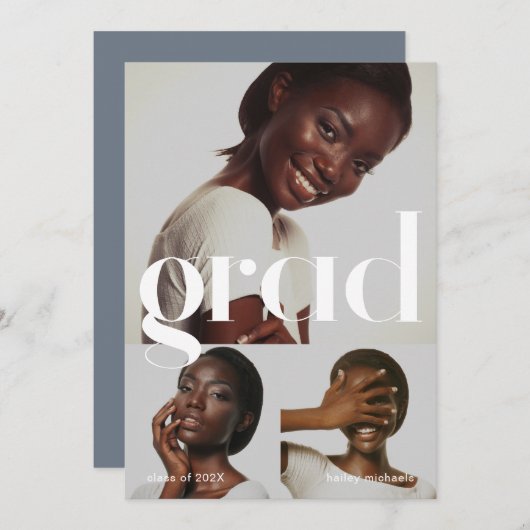 卒業パーティー ブルー グレー 3枚の写真のコラージュ 招待状 (正面/裏面)