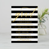 卒業パーティー モダン ブラック ストライプ ゴールド 箔招待状 (立ち正面)