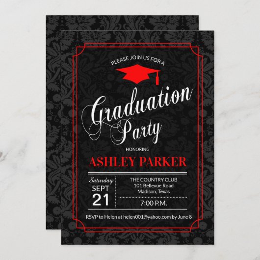 卒業パーティー – レッド白黒ダマスク 招待状 (正面/裏面)