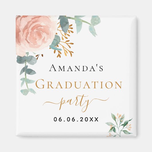 卒業パーティー ローズゴールド フラワーの保存日付 マグネット (正面)