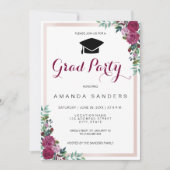 卒業パーティー ワインレッドの花柄フォトカード 招待状 (正面)