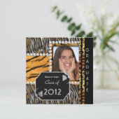 卒業パーティー 卒業 ブラック シルバー レオパード シマウマ 招待状 (スタンド正面)