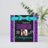 卒業パーティー 卒業 紫 ティール ブルー レオパード 招待状 (スタンド正面)