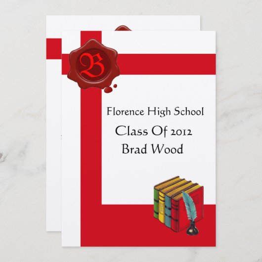 卒業パーティー, 白と赤のワックスシール モノグラム, フェルト 招待状 (正面/裏面)