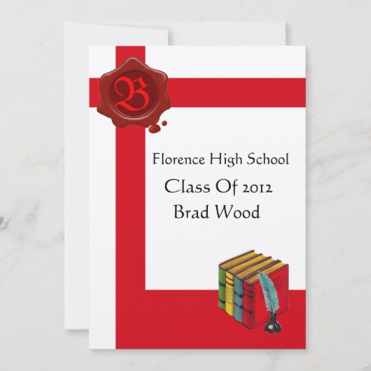 卒業パーティー 白赤ワックスシール モノグラム フェルト 招待状 (正面)