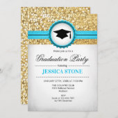 卒業パーティー – 金ゴールドターコイズホワイト 招待状 (正面/裏面)