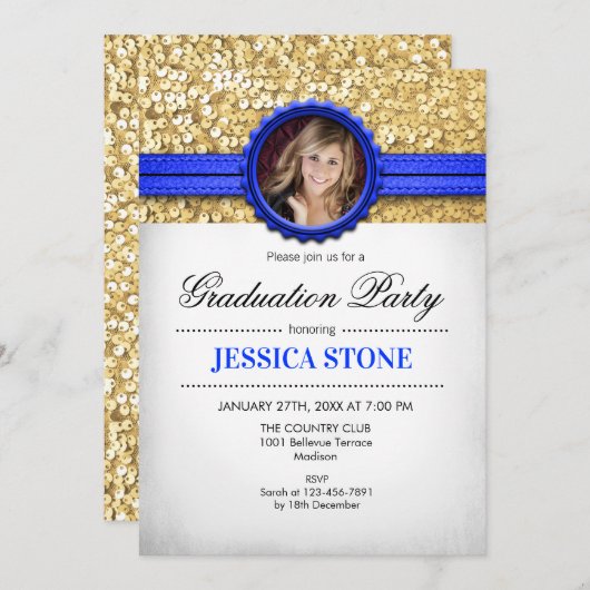 卒業パーティー – 金ゴールド王室のホワイトブルー – 写真 招待状 (正面/裏面)