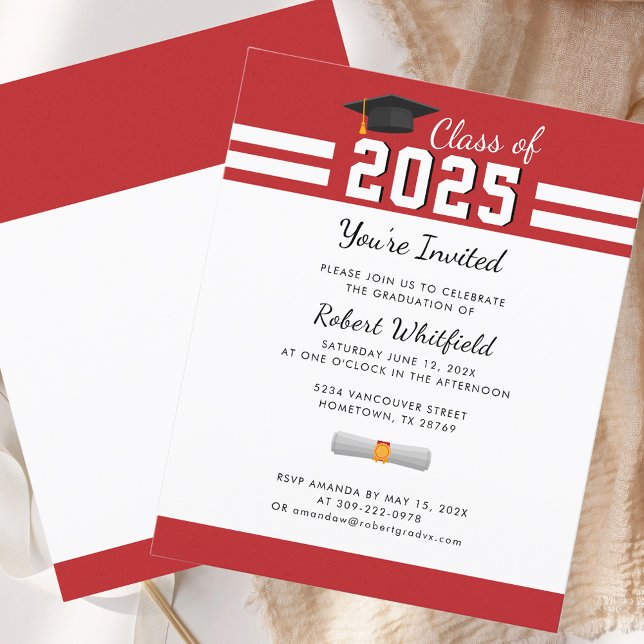 卒業パーティー 2026 赤い卒業式の招待状 (Modern Graduate Party 2025 Red Graduation Invitation)