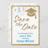 卒業パーティ金ゴールドグリッター日付の保存 招待状 (正面/裏面)