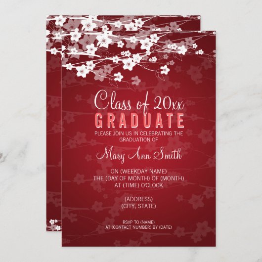 卒業パーテエレガントィーさくらんぼブロッサムレッド 招待状 (正面/裏面)
