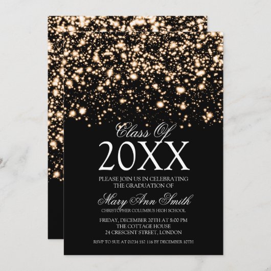 卒業パーテエレガントィ金ゴールドミッドナイトグラム 招待状 (正面/裏面)