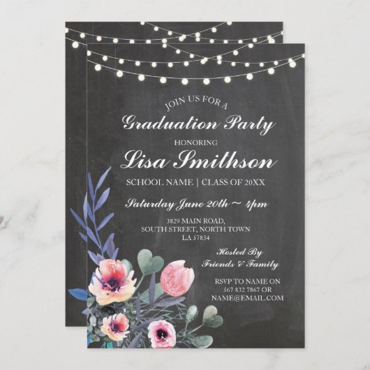 卒業パー素朴ティパステルピンクフラワー招待状 招待状 (正面/裏面)