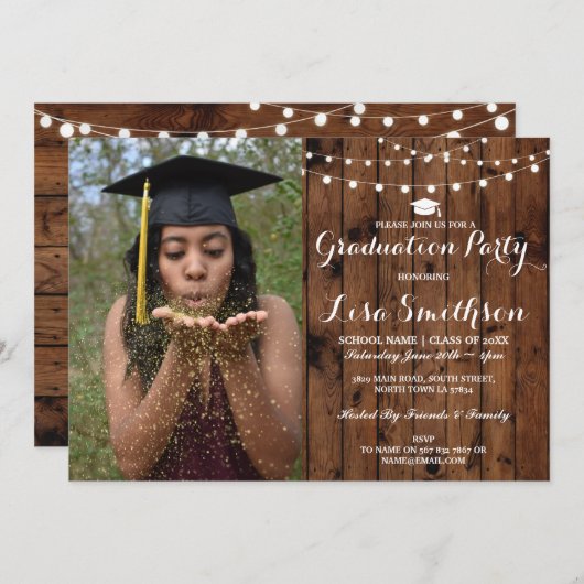 卒業パ素朴ーティエレガントーが木の写真を撮る 招待状 (正面/裏面)