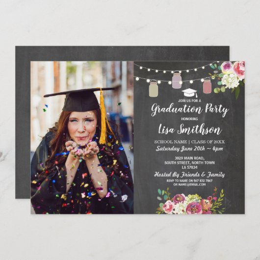 卒業パ素朴ーティ·ジャールズ·チョーク·フラワーズ写真 招待状 (正面/裏面)