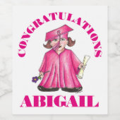 卒業ピンクの卒業式キャップガウンおめでとう ワインラベル (シングルラベル)